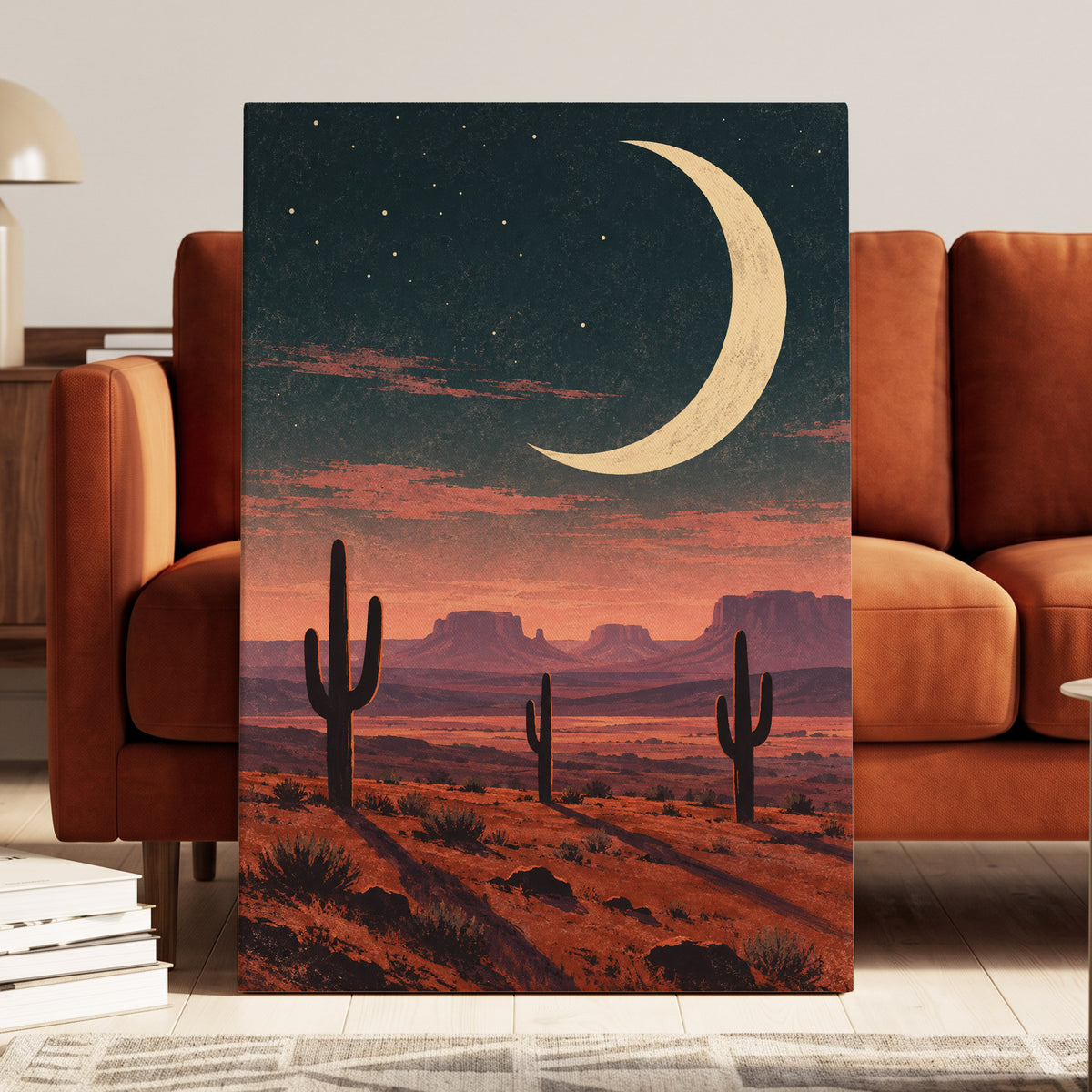Crescent Over the Canyons, blue, beige, orange nature wall art displayed in a styled interior, gallery view 3