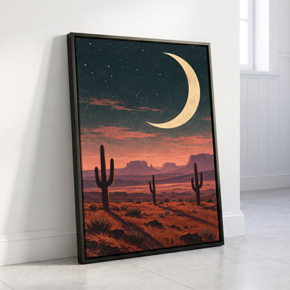Crescent Over the Canyons, blue, beige, orange nature wall art displayed in a styled interior, gallery view 4
