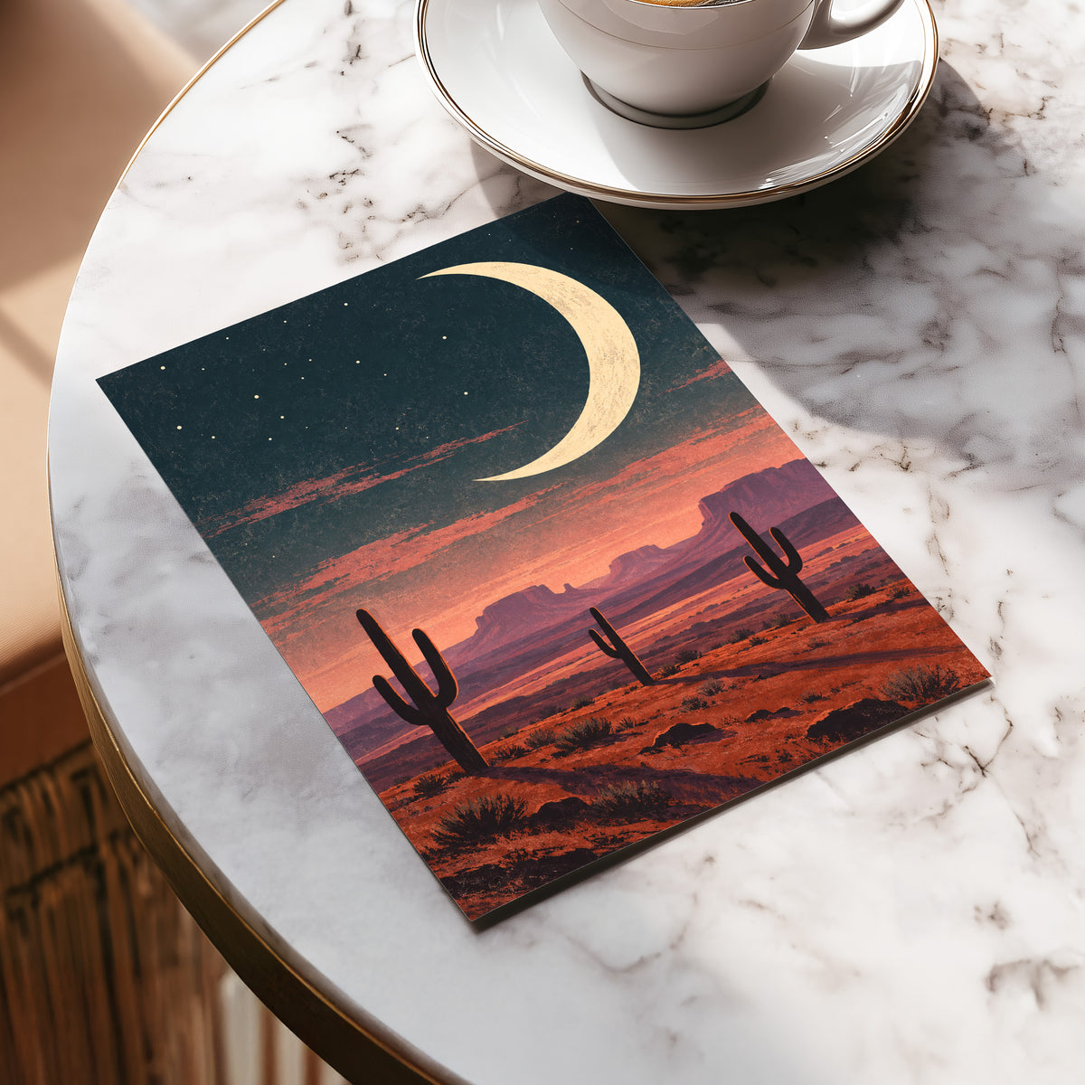Crescent Over the Canyons, blue, beige, orange nature wall art displayed in a styled interior, gallery view 5