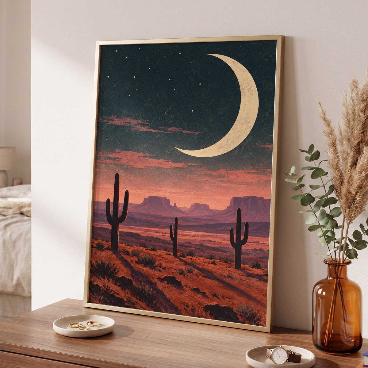 Crescent Over the Canyons, blue, beige, orange nature wall art displayed in a styled interior, gallery view 6