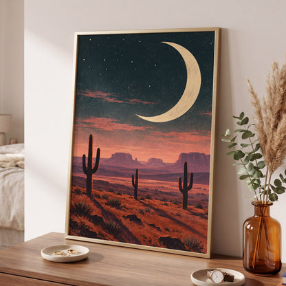 Crescent Over the Canyons, blue, beige, orange nature wall art displayed in a styled interior, gallery view 6
