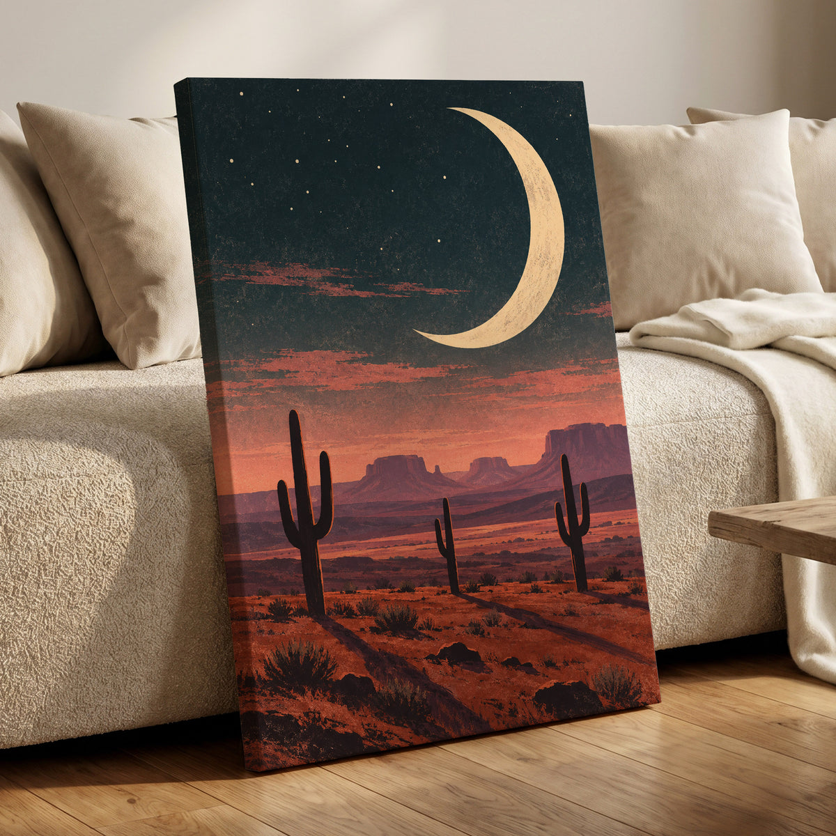 Crescent Over the Canyons, blue, beige, orange nature wall art displayed in a styled interior, gallery view 7