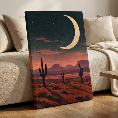 Crescent Over the Canyons, blue, beige, orange nature wall art displayed in a styled interior, gallery view 7