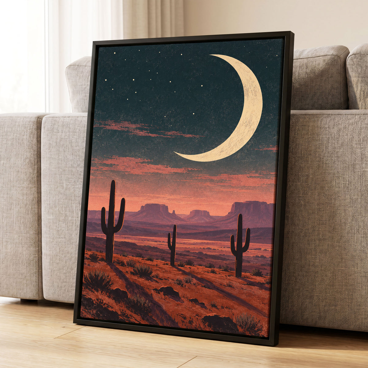 Crescent Over the Canyons, blue, beige, orange nature wall art displayed in a styled interior, gallery view 8