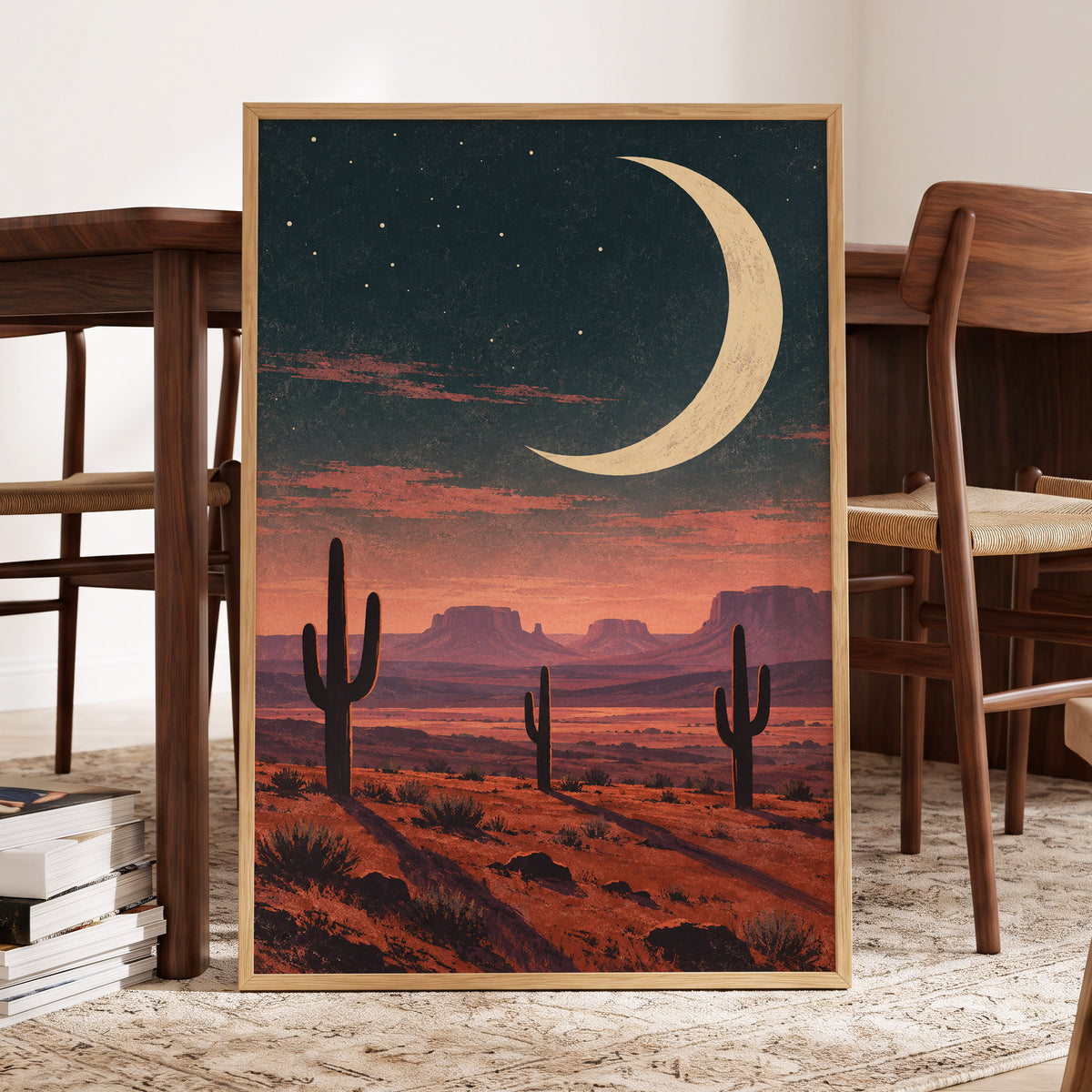 Crescent Over the Canyons, blue, beige, orange nature wall art displayed in a styled interior, gallery view 9