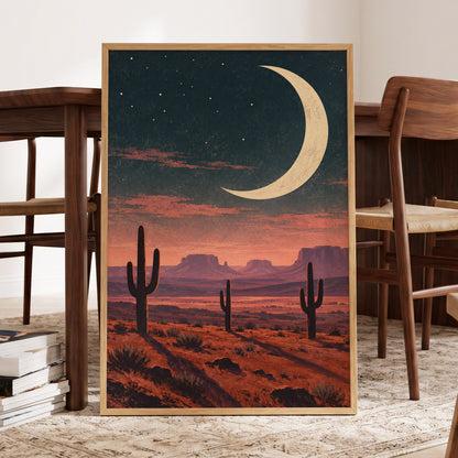 Crescent Over the Canyons, blue, beige, orange nature wall art displayed in a styled interior, gallery view 9