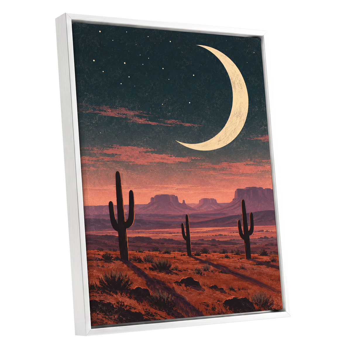 Crescent Over the Canyons, blue, beige, orange nature wall art shown as a white framed canvas wall art