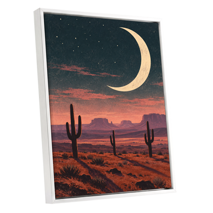 Crescent Over the Canyons, blue, beige, orange nature wall art shown as a white framed canvas wall art
