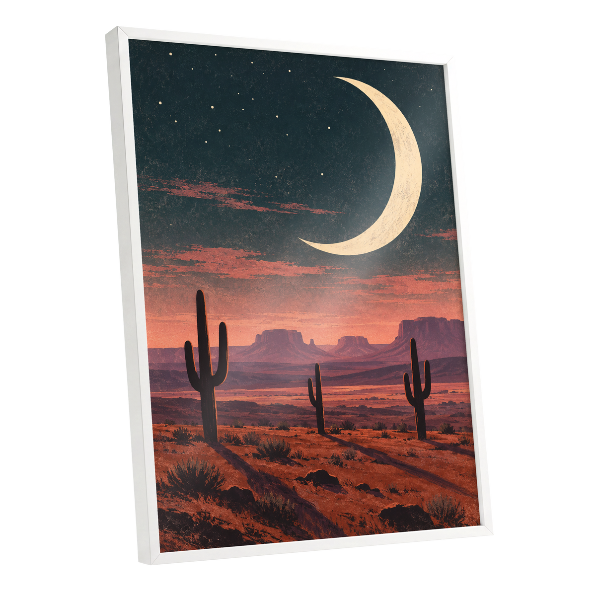 Crescent Over the Canyons, blue, beige, orange nature wall art shown as a white framed poster wall art print