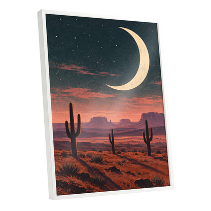 Crescent Over the Canyons, blue, beige, orange nature wall art shown as a white framed poster wall art print
