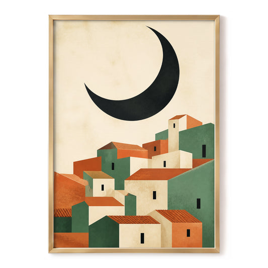 Crescent Village, beige, green, black minimalist wall art, front artwork view