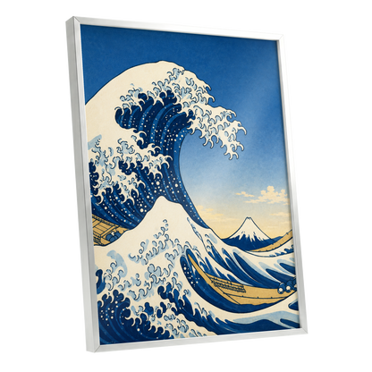 Crest of the Deep, blue, beige, white nature wall art shown as a silver framed poster wall art print