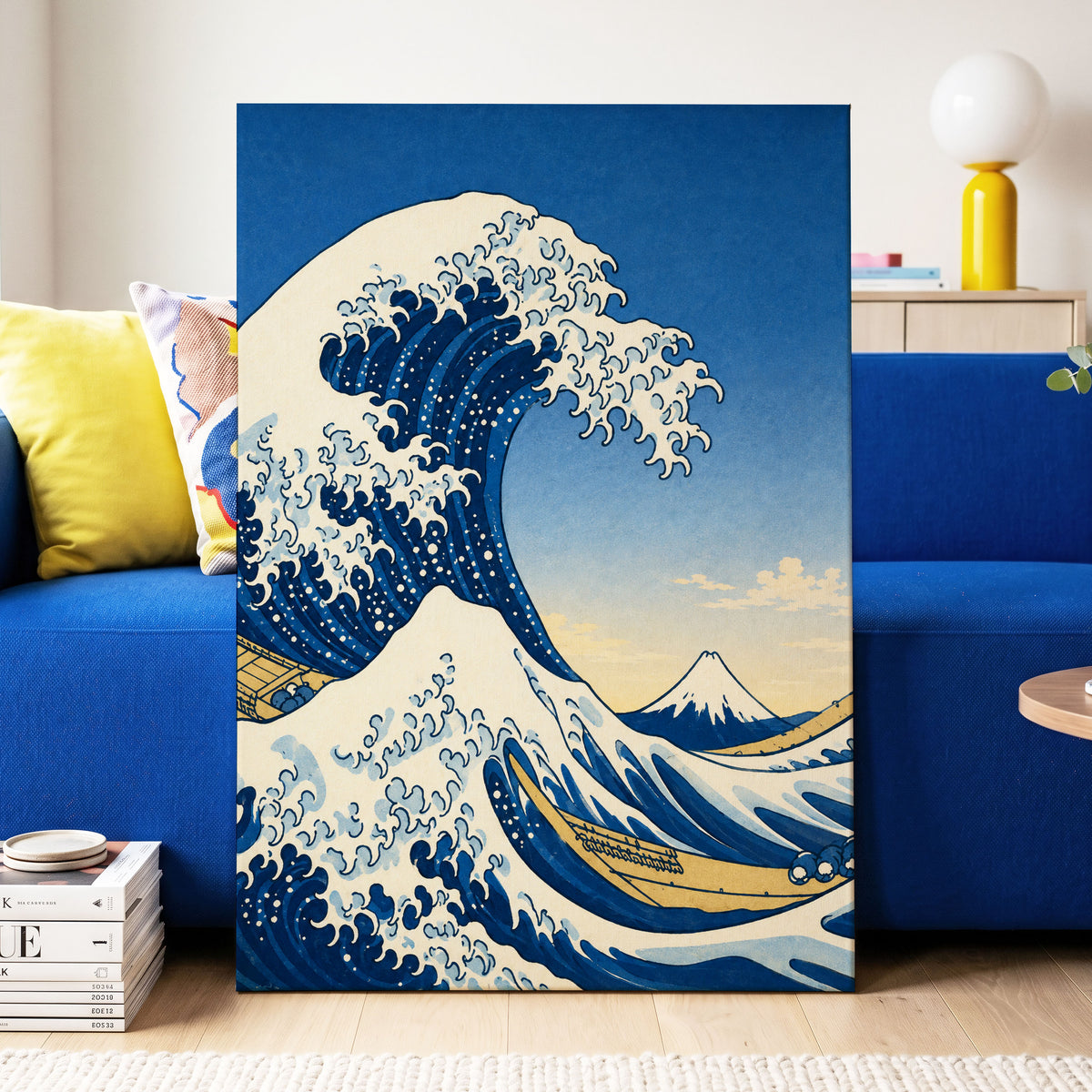 Crest of the Deep, blue, beige, white nature wall art displayed in a styled interior, gallery view 3
