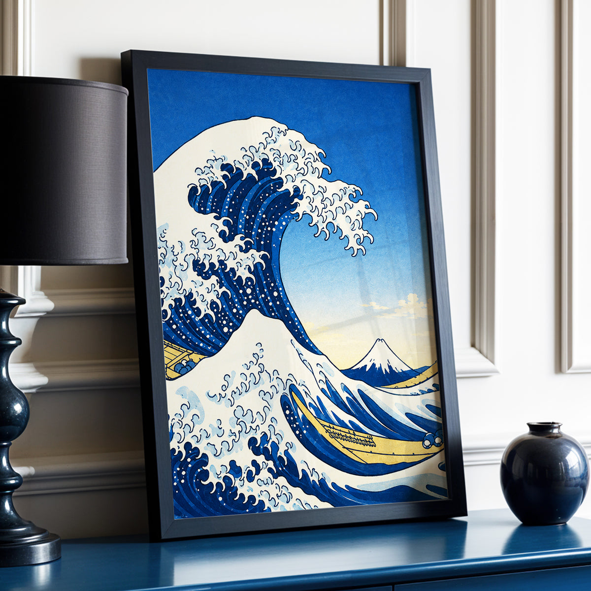 Crest of the Deep, blue, beige, white nature wall art displayed in a styled interior, gallery view 6
