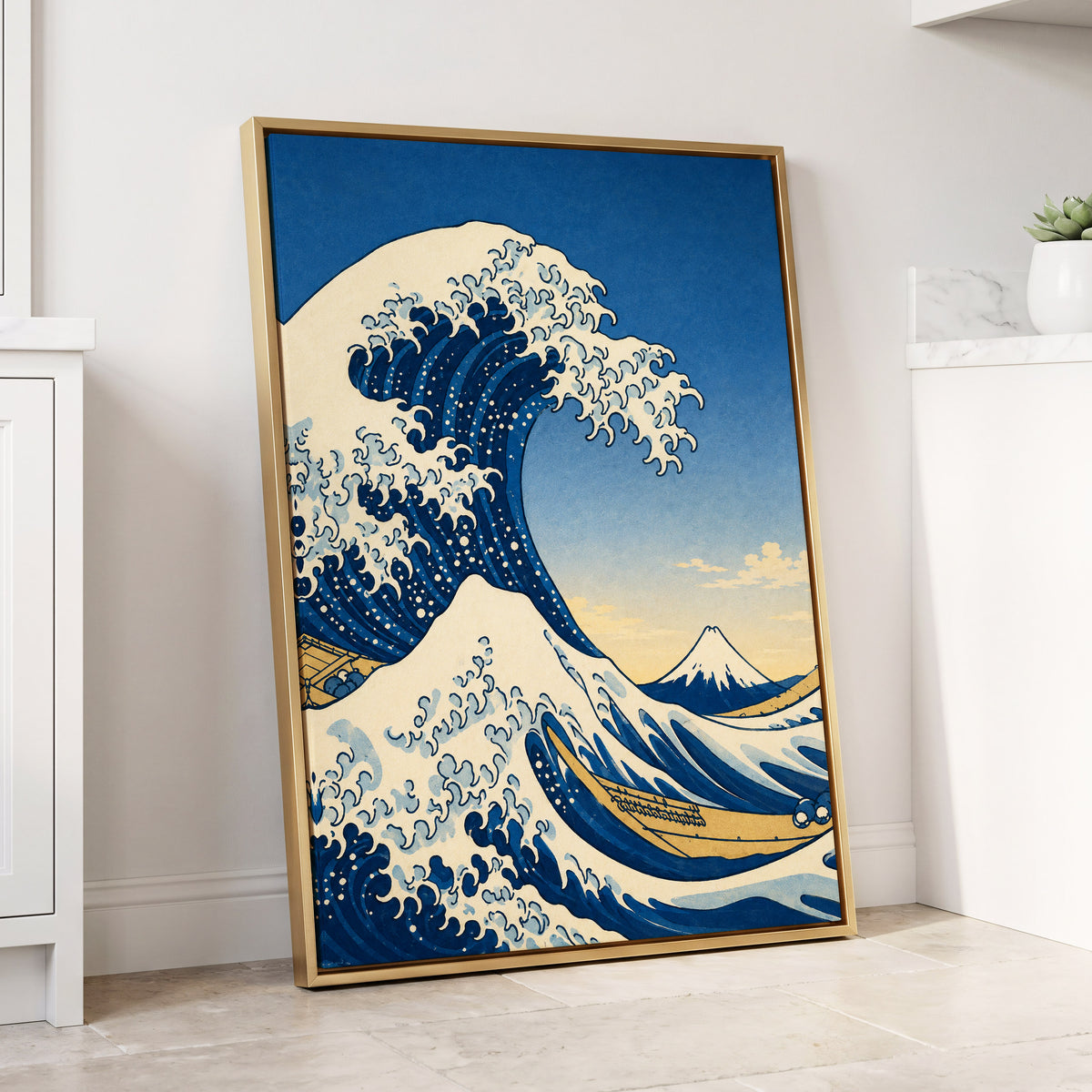 Crest of the Deep, blue, beige, white nature wall art displayed in a styled interior, gallery view 8