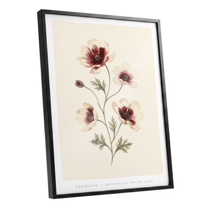 Crimson Anemone Study, beige, red, green floral wall art shown as a black framed poster wall art print