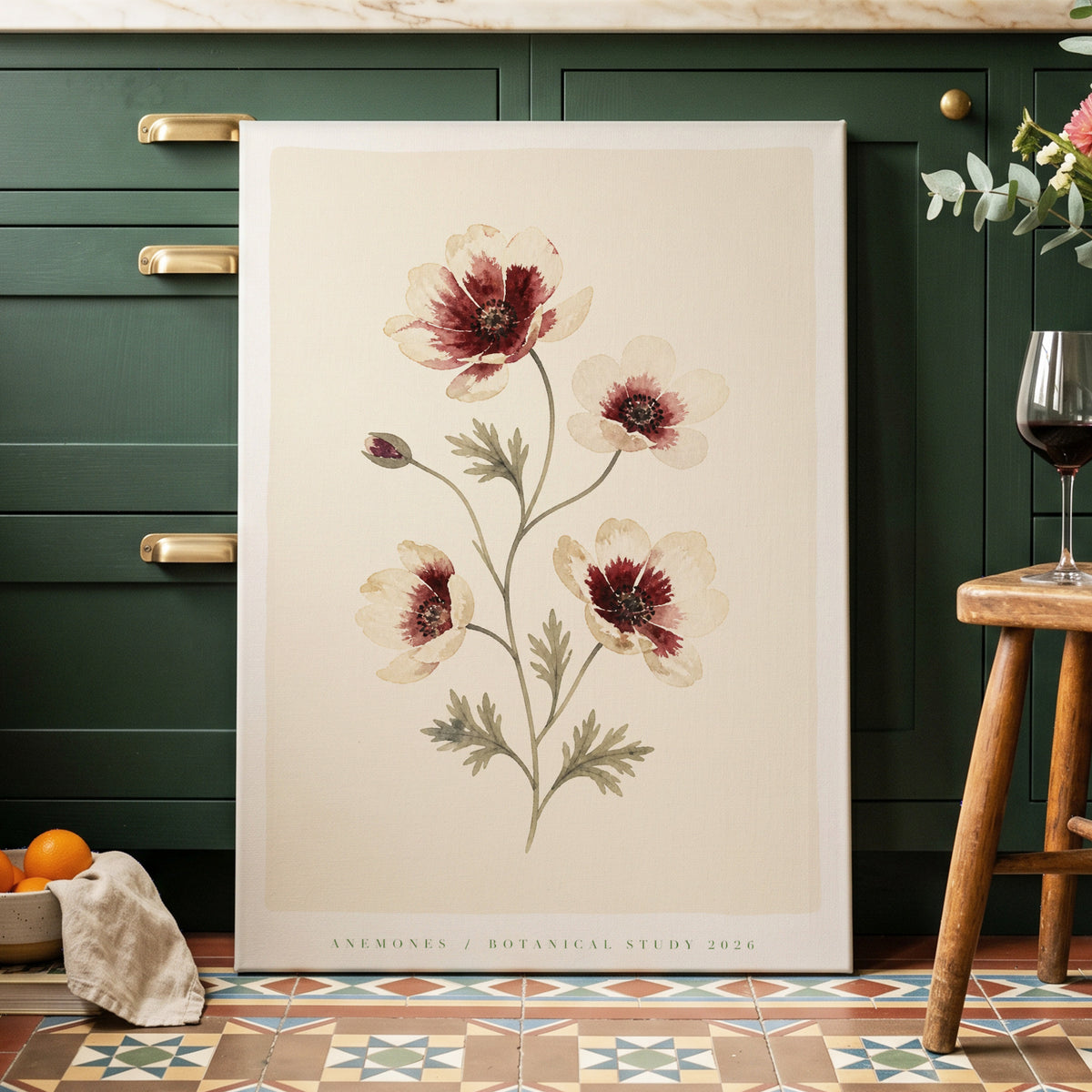 Crimson Anemone Study, beige, red, green floral wall art on canvas displayed in a styled interior, gallery view 1
