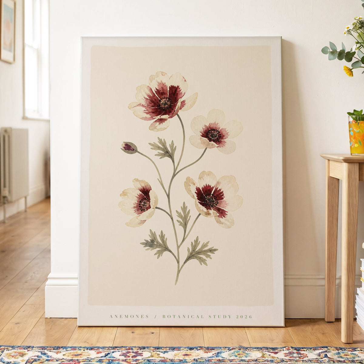 Crimson Anemone Study, beige, red, green floral wall art on canvas displayed in a styled interior, gallery view 2