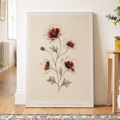 Crimson Anemone Study, beige, red, green floral wall art on canvas displayed in a styled interior, gallery view 2