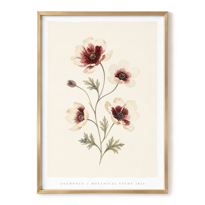 Crimson Anemone Study, beige, red, green floral wall art, front artwork view