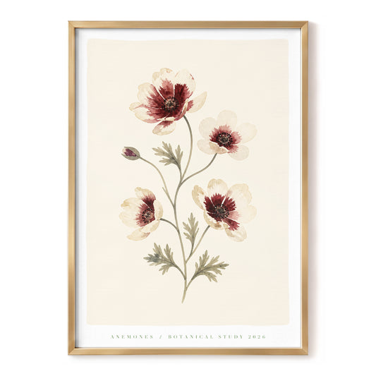 Crimson Anemone Study, beige, red, green floral wall art, front artwork view