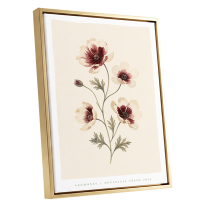 Crimson Anemone Study, beige, red, green floral wall art shown as a gold framed canvas wall art