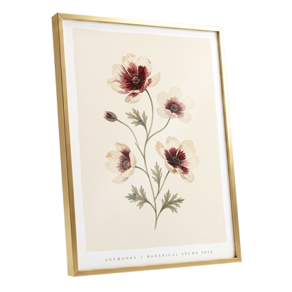 Crimson Anemone Study, beige, red, green floral wall art shown as a gold framed poster wall art print