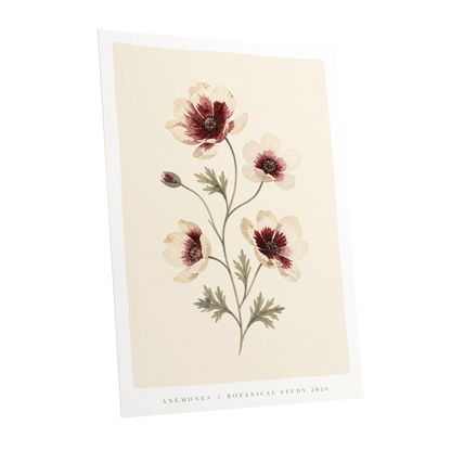 Crimson Anemone Study, beige, red, green floral wall art shown as a unframed poster wall art print