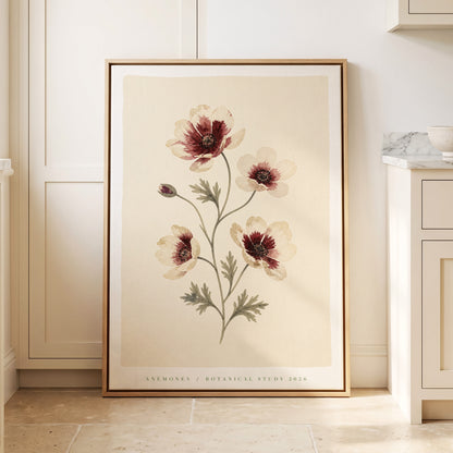 Crimson Anemone Study, beige, red, green floral wall art displayed in a styled interior, gallery view 1