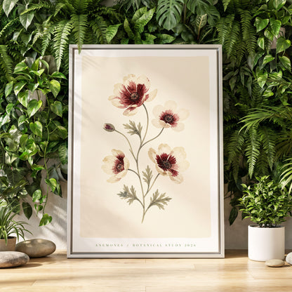 Crimson Anemone Study, beige, red, green floral wall art displayed in a styled interior, gallery view 2