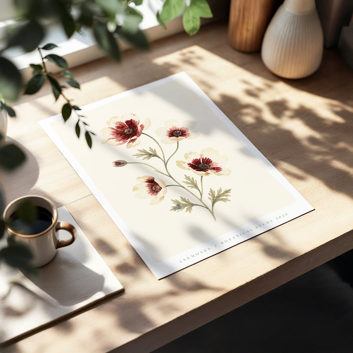 Crimson Anemone Study, beige, red, green floral wall art displayed in a styled interior, gallery view 3