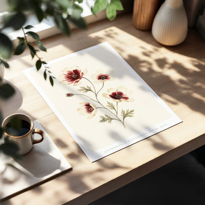 Crimson Anemone Study, beige, red, green floral wall art displayed in a styled interior, gallery view 3