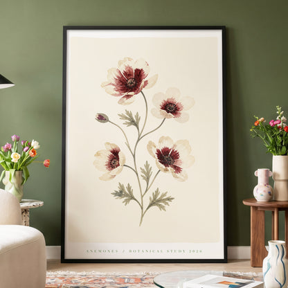 Crimson Anemone Study, beige, red, green floral wall art displayed in a styled interior, gallery view 4