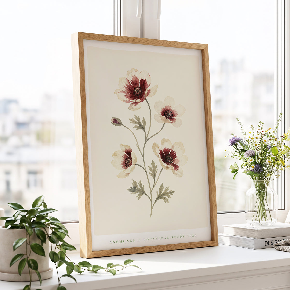 Crimson Anemone Study, beige, red, green floral wall art displayed in a styled interior, gallery view 5