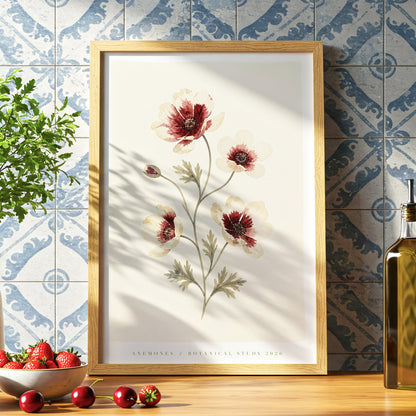 Crimson Anemone Study, beige, red, green floral wall art displayed in a styled interior, gallery view 6