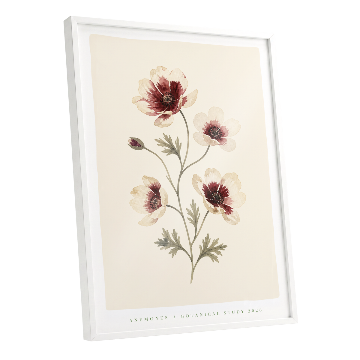 Crimson Anemone Study, beige, red, green floral wall art shown as a white framed poster wall art print