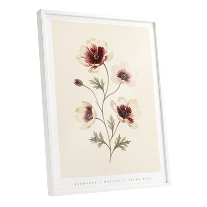Crimson Anemone Study, beige, red, green floral wall art shown as a white framed poster wall art print