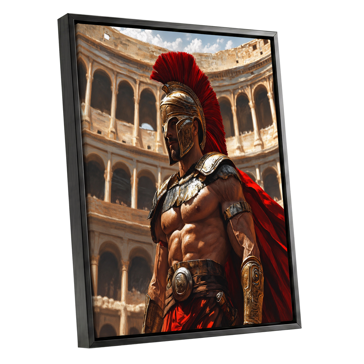 Crimson Centurion, red, gold, beige minimalist wall art shown as a black framed canvas wall art
