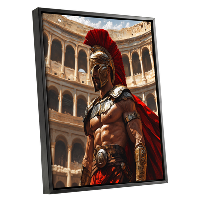 Crimson Centurion, red, gold, beige minimalist wall art shown as a black framed canvas wall art