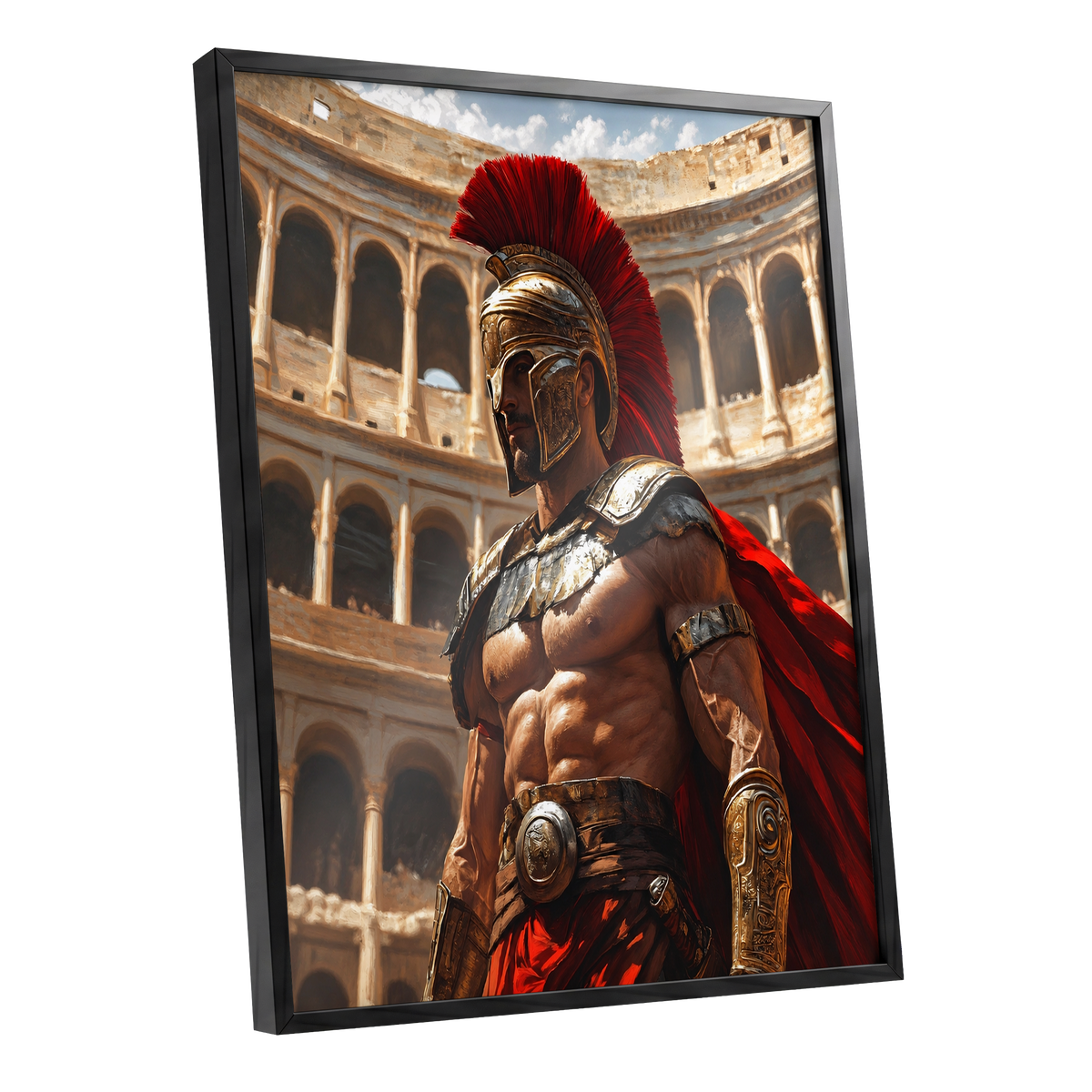 Crimson Centurion, red, gold, beige minimalist wall art shown as a black framed poster wall art print