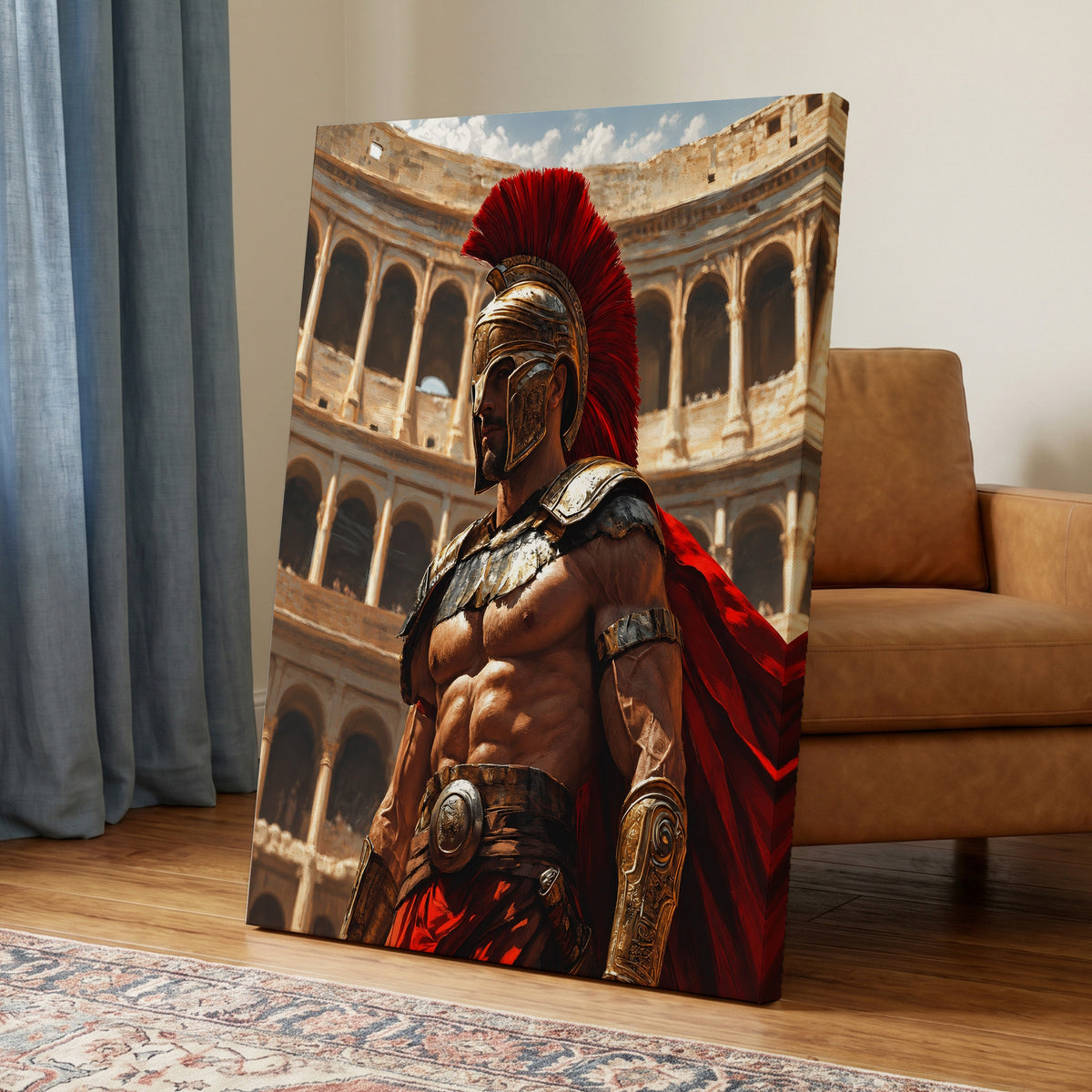 Crimson Centurion, red, gold, beige minimalist wall art on canvas displayed in a styled interior, gallery view 1