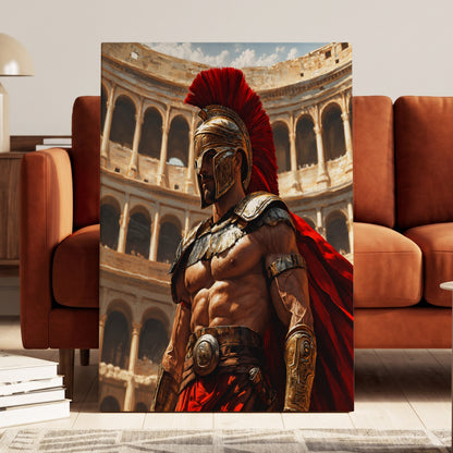Crimson Centurion, red, gold, beige minimalist wall art on canvas displayed in a styled interior, gallery view 2