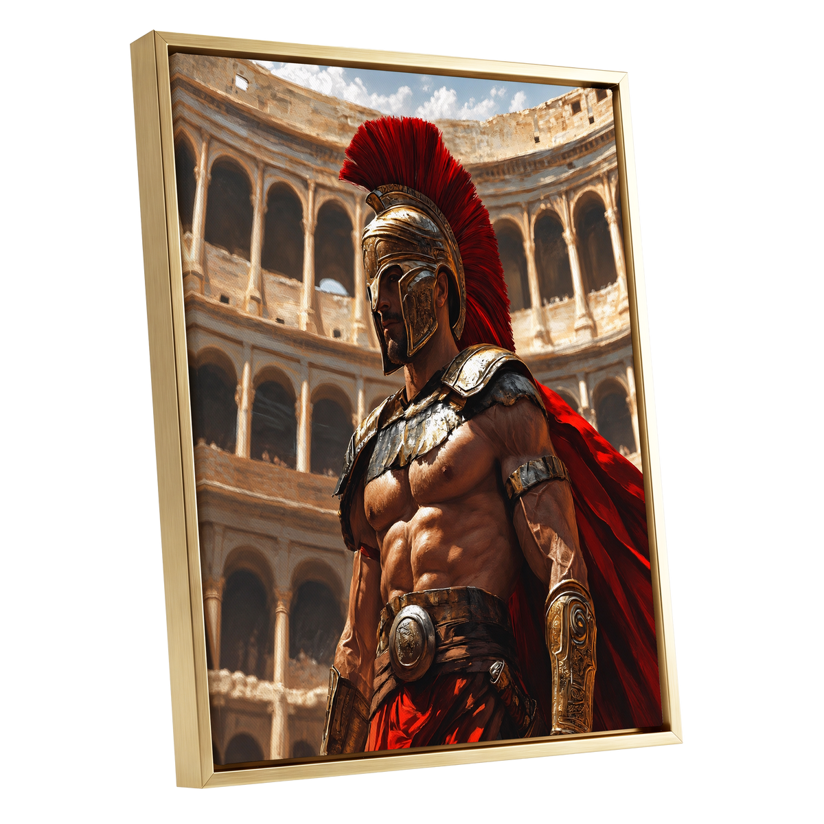 Crimson Centurion, red, gold, beige minimalist wall art shown as a gold framed canvas wall art