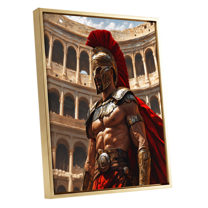 Crimson Centurion, red, gold, beige minimalist wall art shown as a gold framed canvas wall art