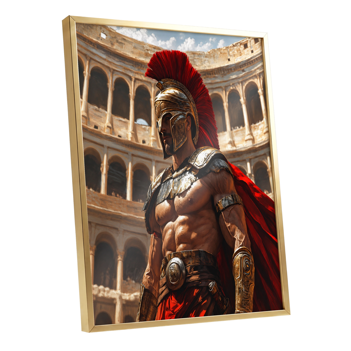 Crimson Centurion, red, gold, beige minimalist wall art shown as a gold framed poster wall art print