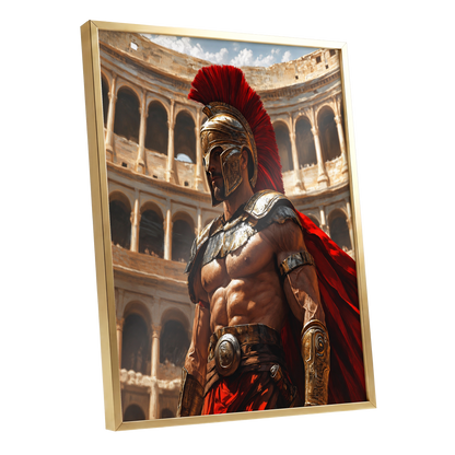 Crimson Centurion, red, gold, beige minimalist wall art shown as a gold framed poster wall art print