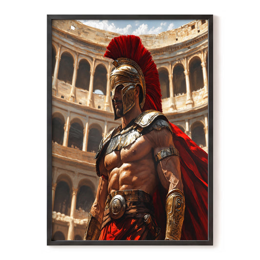 Crimson Centurion, red, gold, beige minimalist wall art, front artwork view