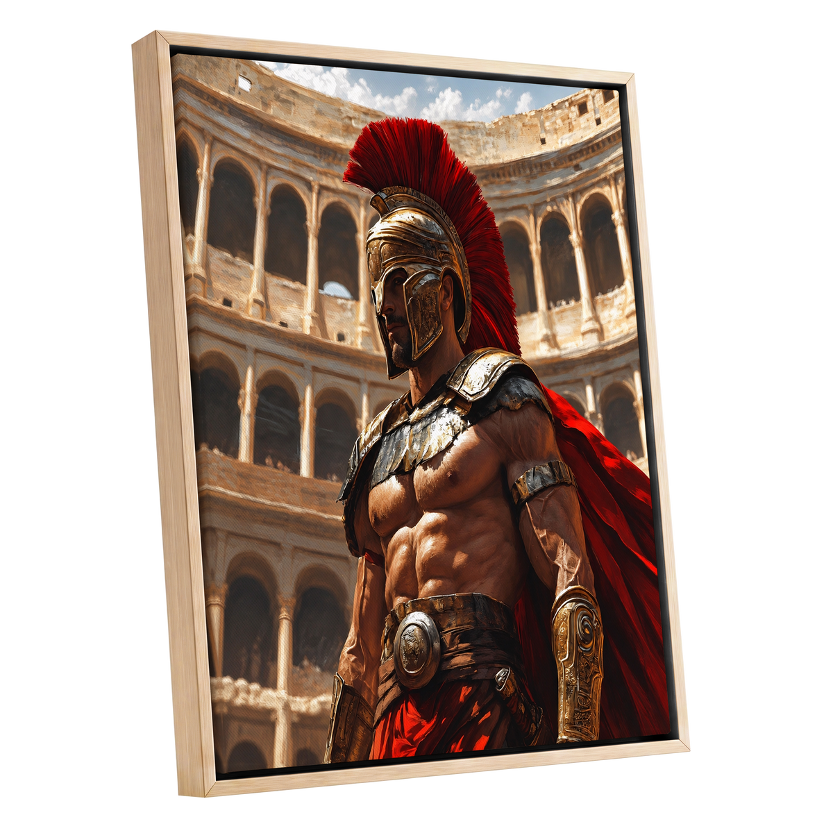 Crimson Centurion, red, gold, beige minimalist wall art shown as a oak framed canvas wall art