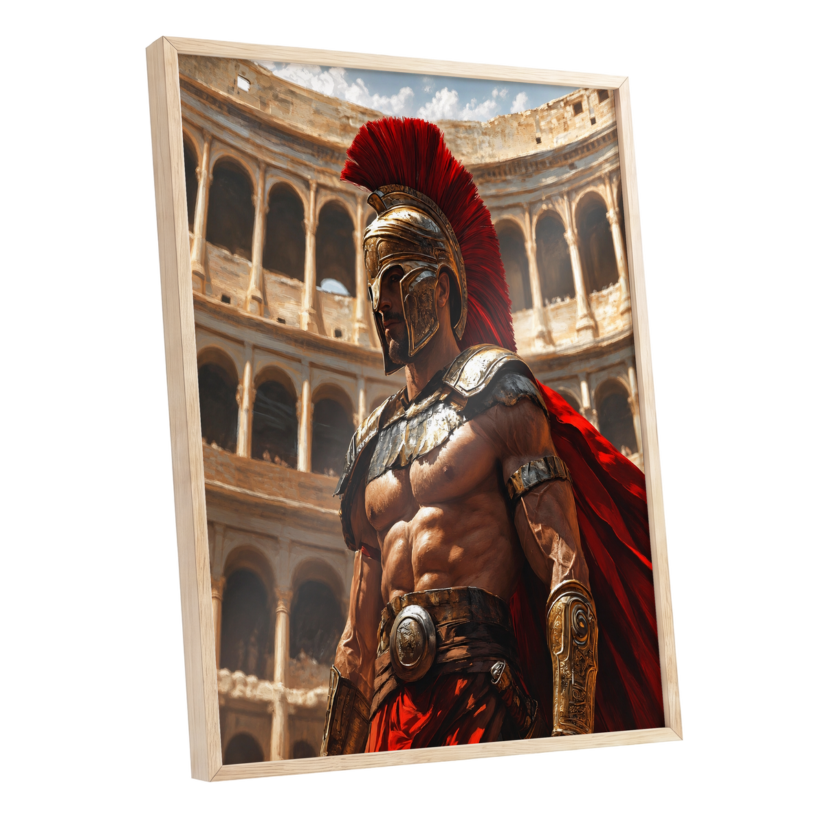 Crimson Centurion, red, gold, beige minimalist wall art shown as a oak framed poster wall art print