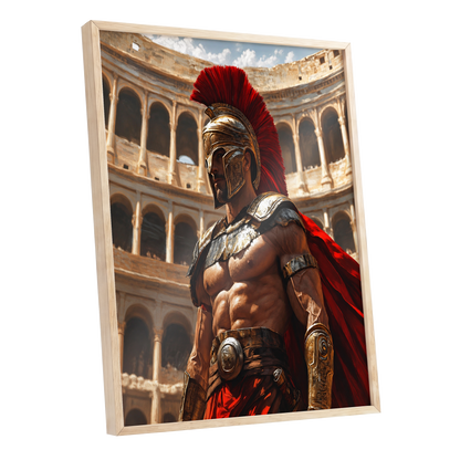 Crimson Centurion, red, gold, beige minimalist wall art shown as a oak framed poster wall art print